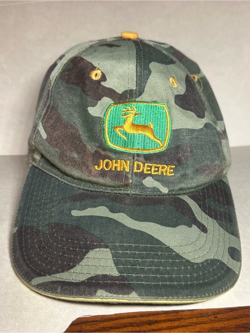 John Deere Vintage Camo Baseball Cap Hat with Yellow Stitching